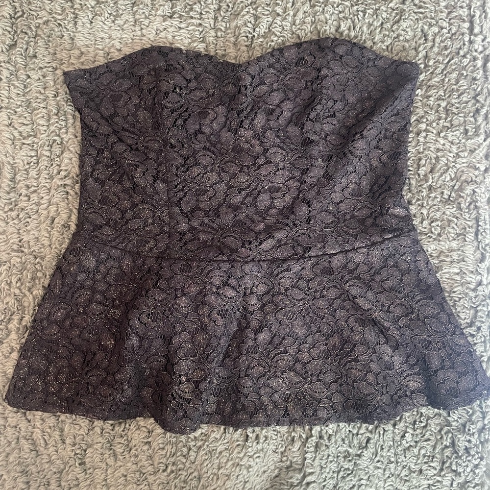 Strapless Black Lace Peplum Top with Gold Shimmer